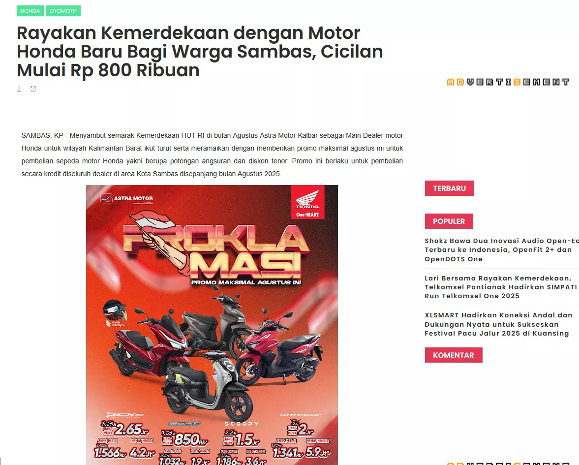 Rayakan Kemerdekaan dengan Motor Honda Baru Bagi Warga Sambas, Cicilan Mulai Rp 800 Ribuan