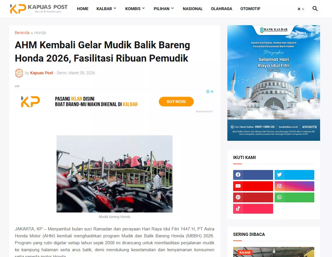 AHM Kembali Gelar Mudik Balik Bareng Honda 2026, Fasilitasi Ribuan Pemudik