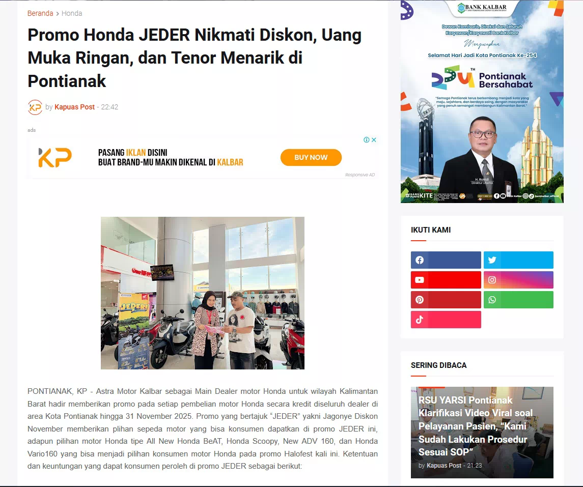 Promo Honda JEDER Nikmati Diskon, Uang Muka Ringan, dan Tenor Menarik di Pontianak