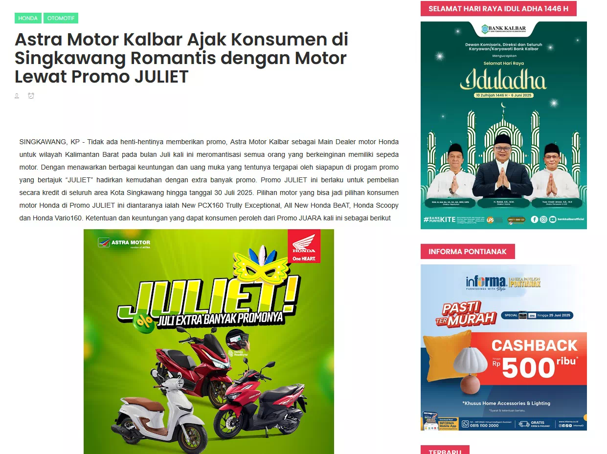 Astra Motor Kalbar Ajak Konsumen di Singkawang Romantis dengan Motor Lewat Promo JULIET