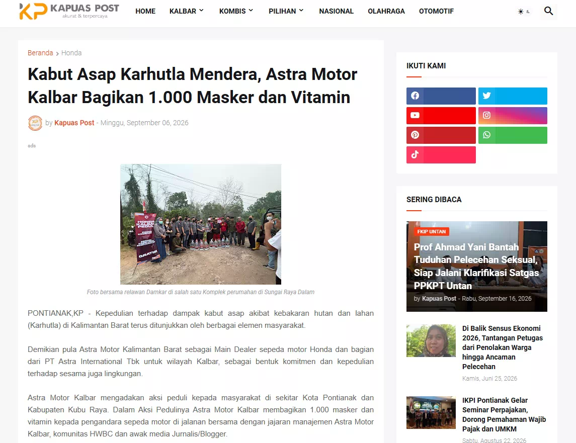 Kabut Asap Karhutla Mendera, Astra Motor Kalbar Bagikan 1.000 Masker dan Vitamin