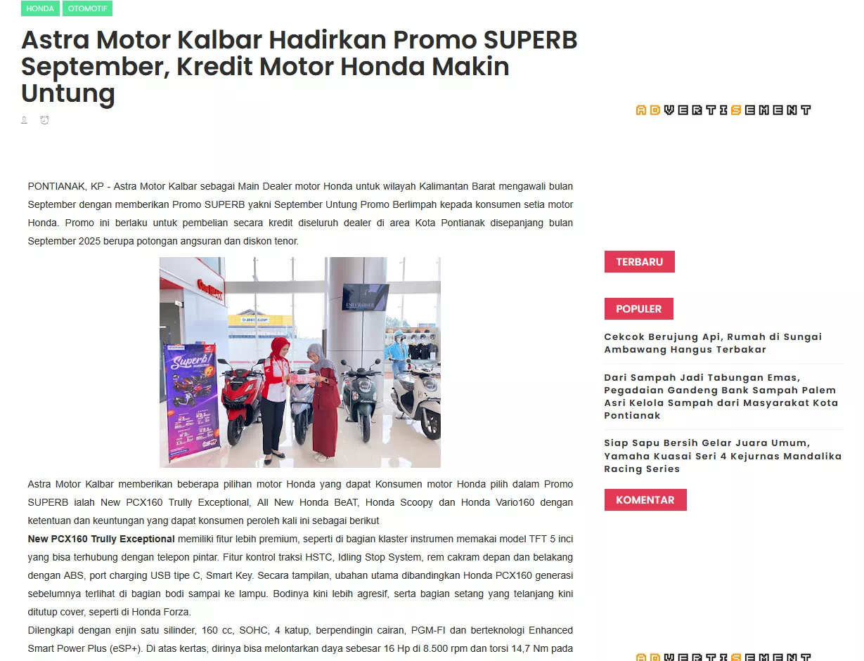 Astra Motor Kalbar Hadirkan Promo SUPERB September, Kredit Motor Honda Makin Untung