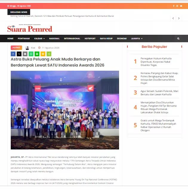 Astra Buka Peluang Anak Muda Berkarya dan Berdampak Lewat SATU Indonesia Awards 2026