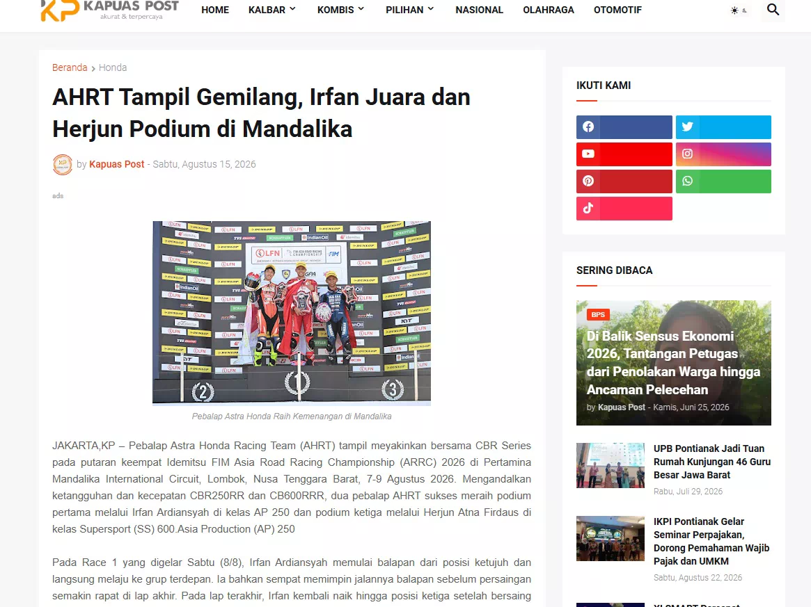 AHRT Tampil Gemilang, Irfan Juara dan Herjun Podium di Mandalika