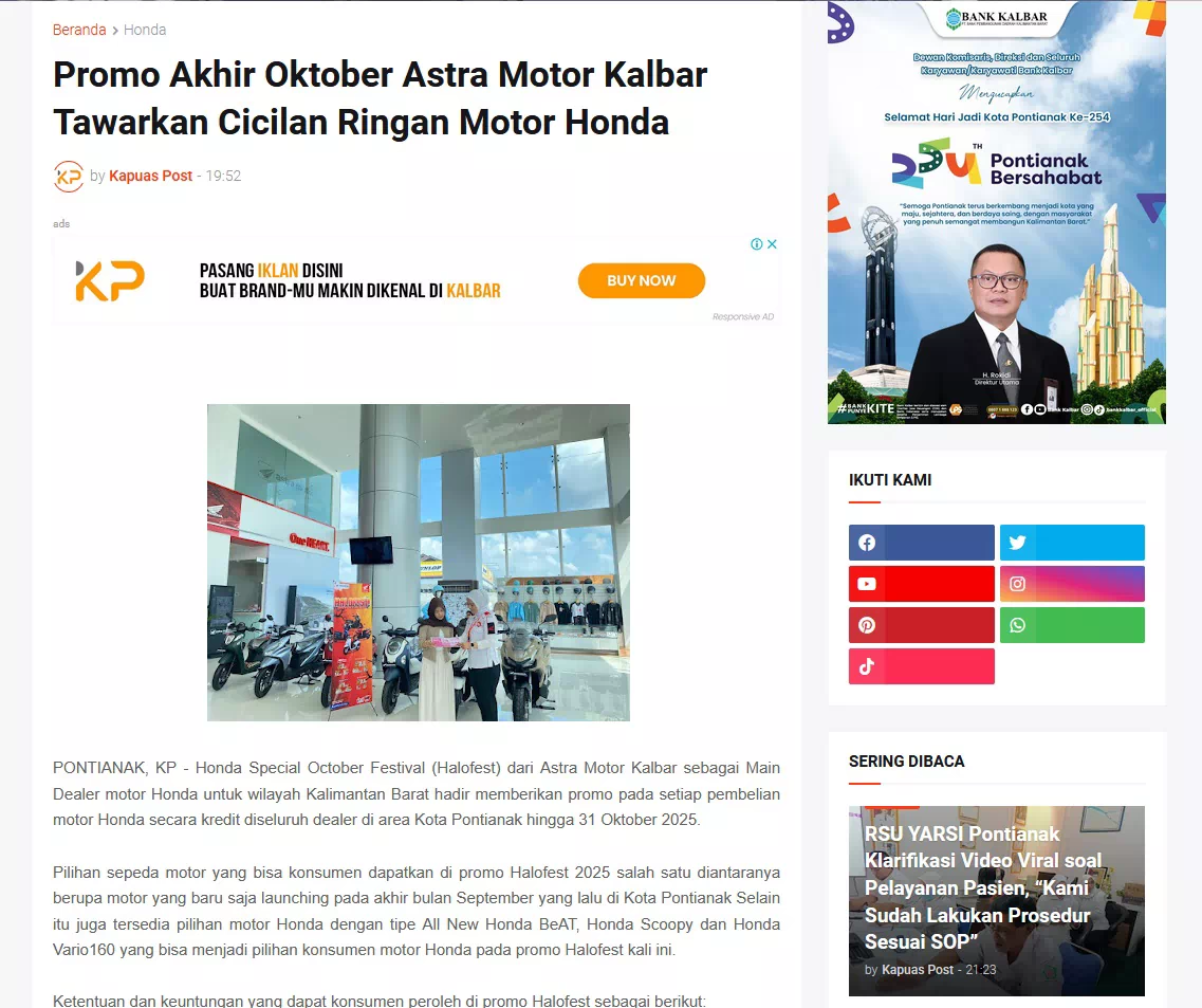 Promo Akhir Oktober Astra Motor Kalbar Tawarkan Cicilan Ringan Motor Honda