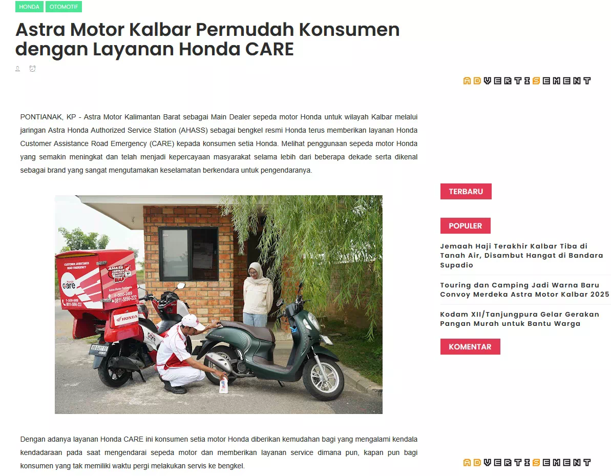 Astra Motor Kalbar Permudah Konsumen dengan Layanan Honda CARE