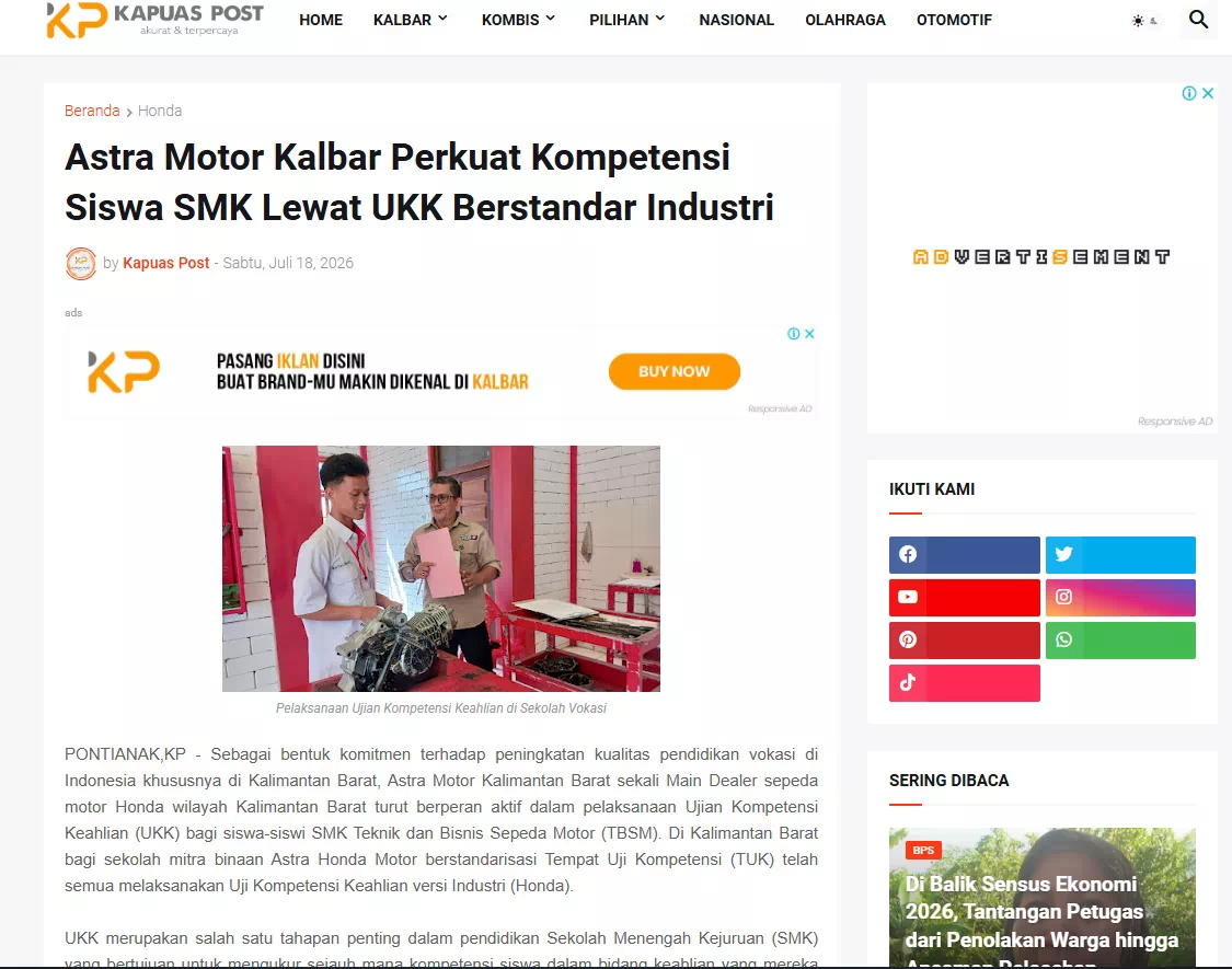 Astra Motor Kalbar Perkuat Kompetensi Siswa SMK Lewat UKK Berstandar Industri