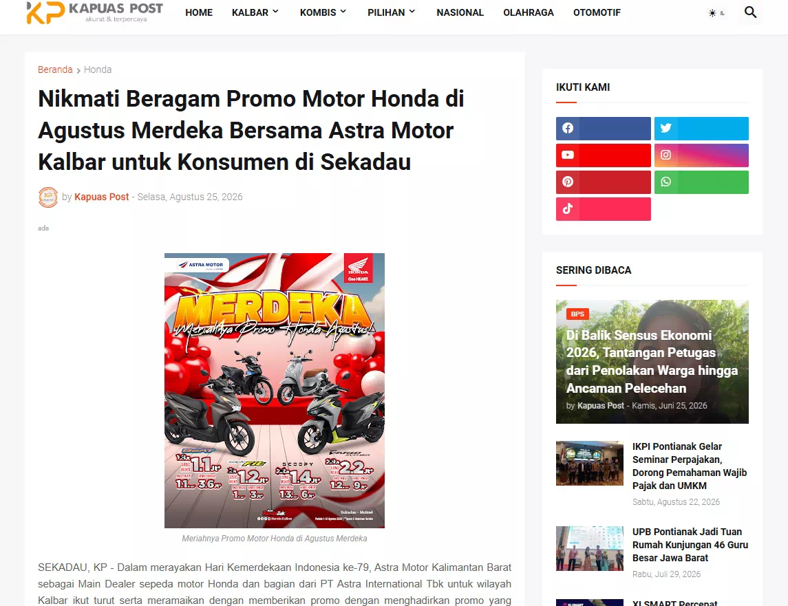 Nikmati Beragam Promo Motor Honda di Agustus Merdeka Bersama Astra Motor Kalbar untuk Konsumen di Sekadau
