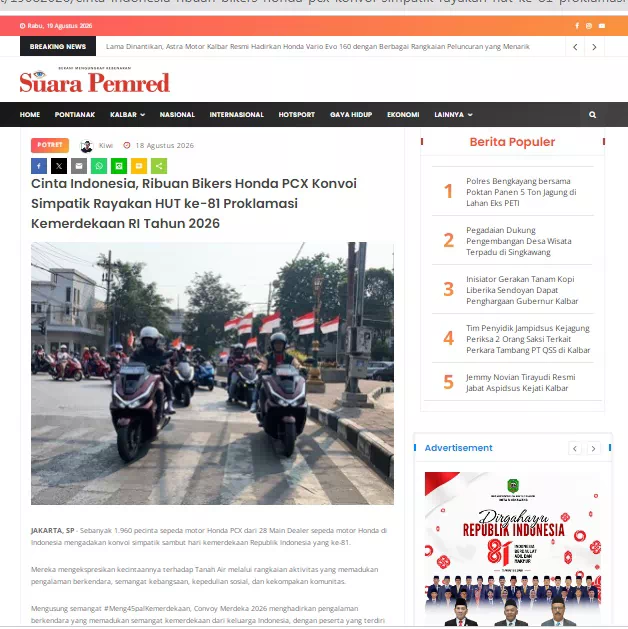 Cinta Indonesia, Ribuan Bikers Honda PCX Konvoi Simpatik Rayakan HUT ke-81 Proklamasi Kemerdekaan RI Tahun 2026