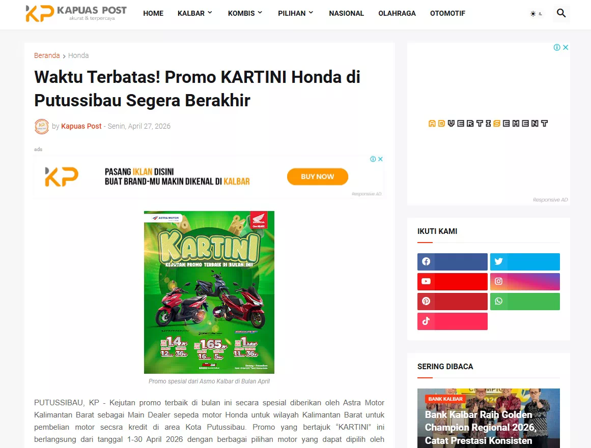 Waktu Terbatas! Promo KARTINI Honda di Putussibau Segera Berakhir
