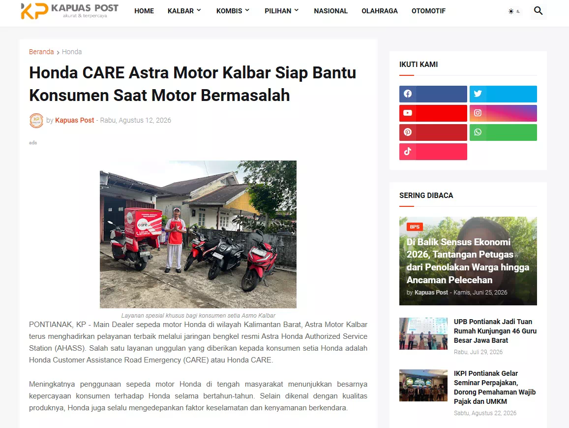 Honda CARE Astra Motor Kalbar Siap Bantu Konsumen Saat Motor Bermasalah