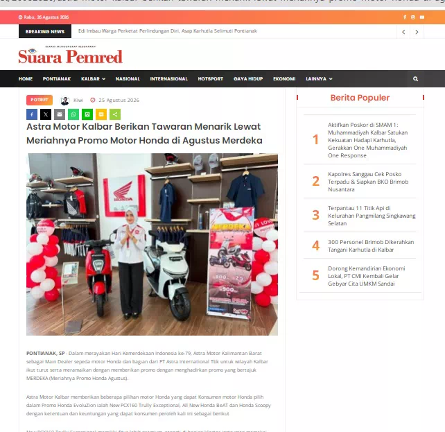 Astra Motor Kalbar Berikan Tawaran Menarik Lewat Meriahnya Promo Motor Honda di Agustus Merdeka
