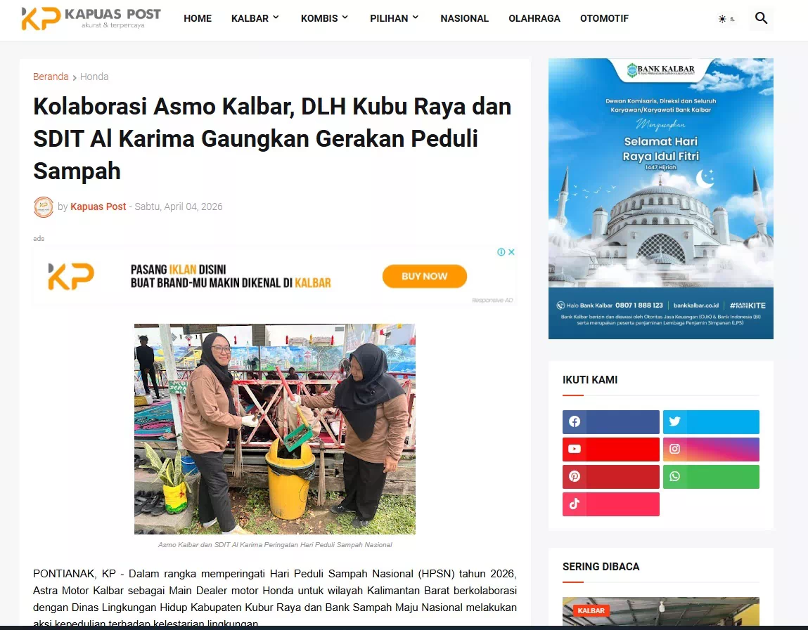 Kolaborasi Asmo Kalbar, DLH Kubu Raya dan SDIT Al Karima Gaungkan Gerakan Peduli Sampah