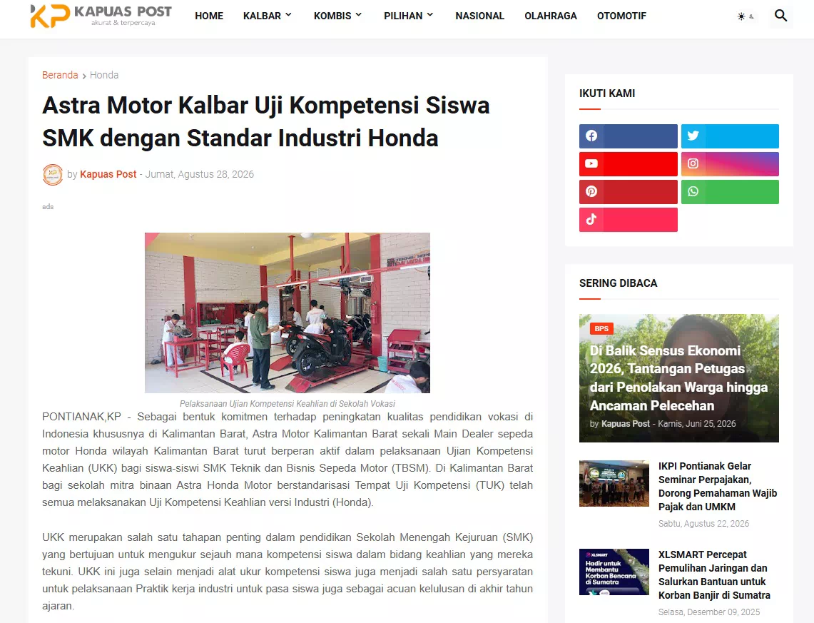 Astra Motor Kalbar Uji Kompetensi Siswa SMK dengan Standar Industri Honda