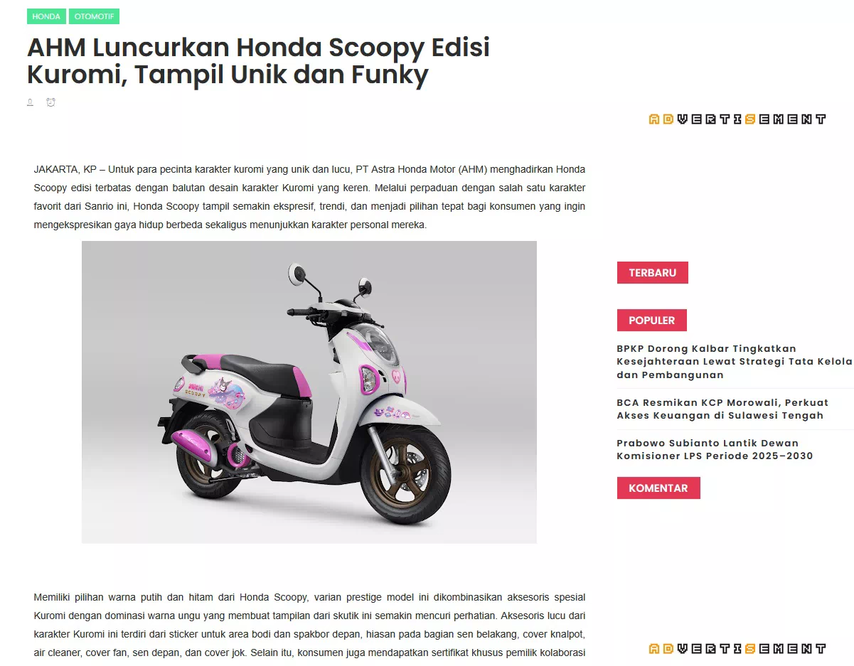 AHM Luncurkan Honda Scoopy Edisi Kuromi, Tampil Unik dan Funky