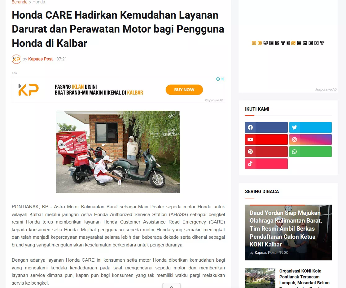 Honda CARE Hadirkan Kemudahan Layanan Darurat dan Perawatan Motor bagi Pengguna Honda di Kalbar