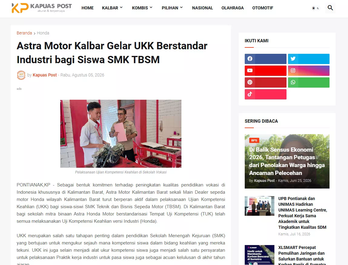 Astra Motor Kalbar Gelar UKK Berstandar Industri bagi Siswa SMK TBSM