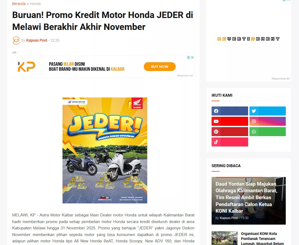 Buruan! Promo Kredit Motor Honda JEDER di Melawi Berakhir Akhir November