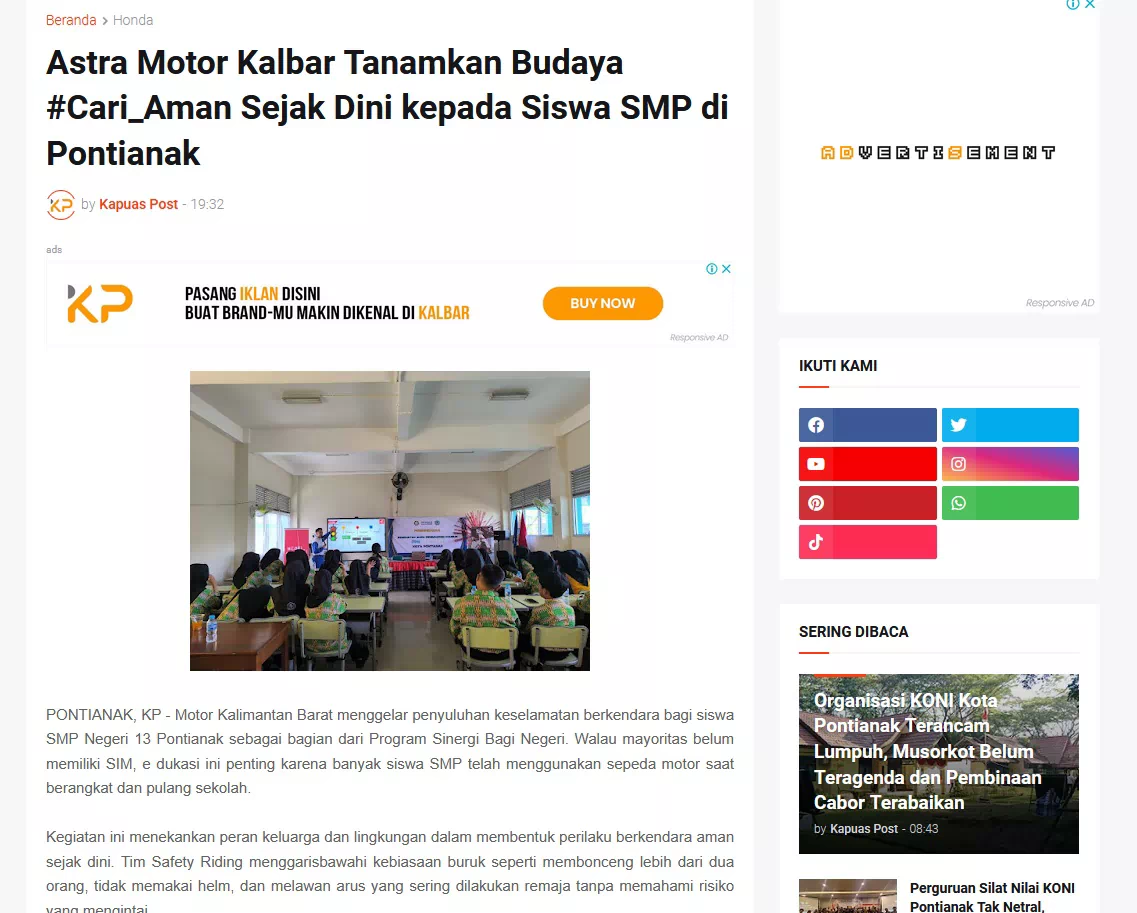 Astra Motor Kalbar Tanamkan Budaya #Cari_Aman Sejak Dini kepada Siswa SMP di Pontianak
