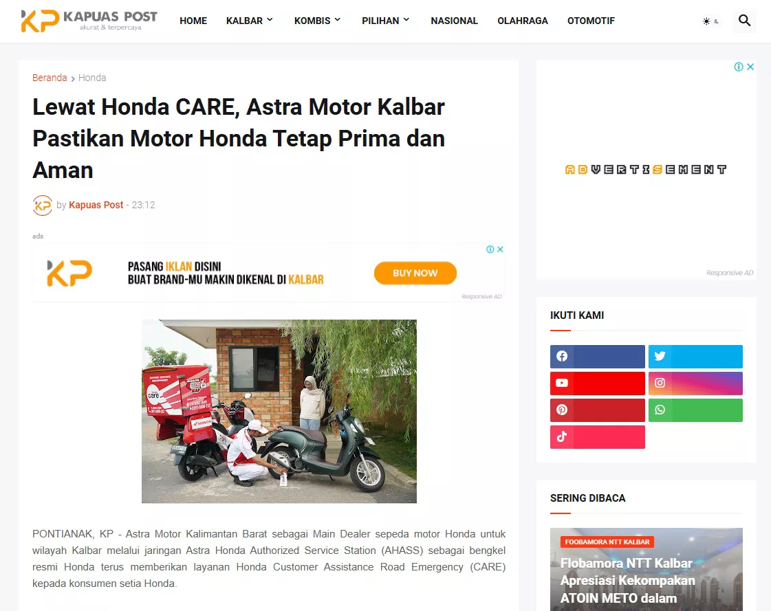 Lewat Honda CARE, Astra Motor Kalbar Pastikan Motor Honda Tetap Prima dan Aman
