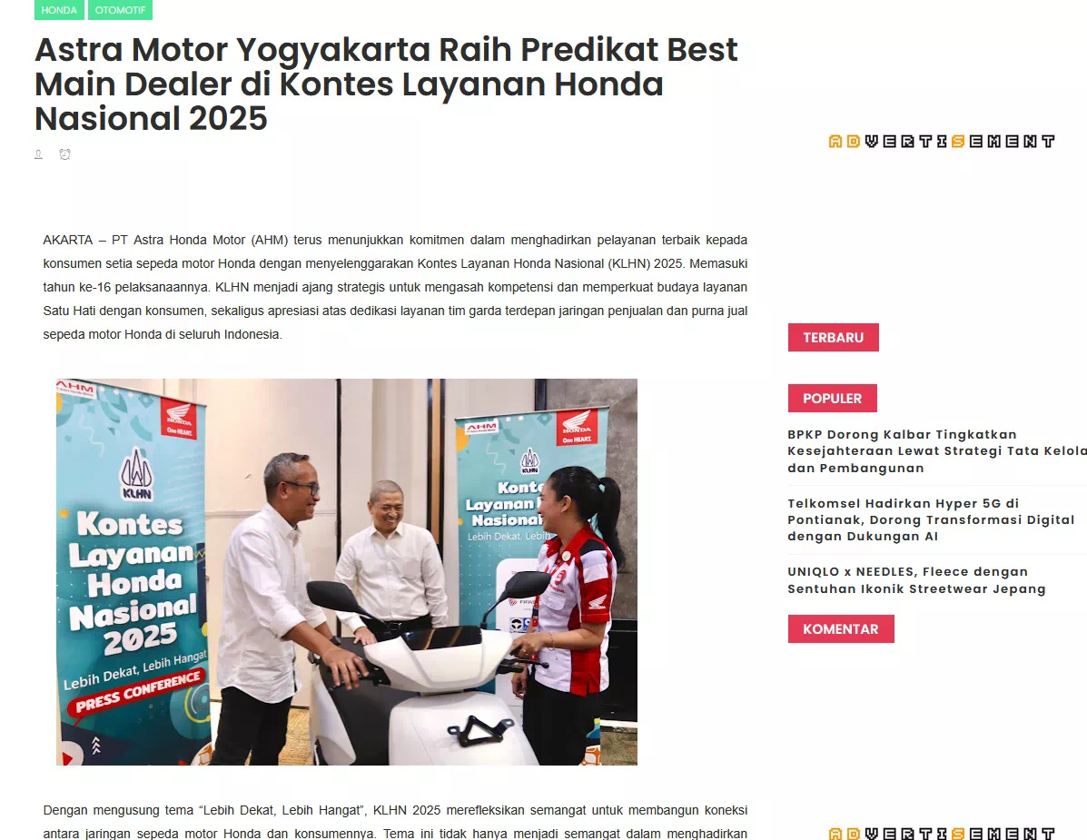 Astra Motor Yogyakarta Raih Predikat Best Main Dealer di Kontes Layanan Honda Nasional 2025