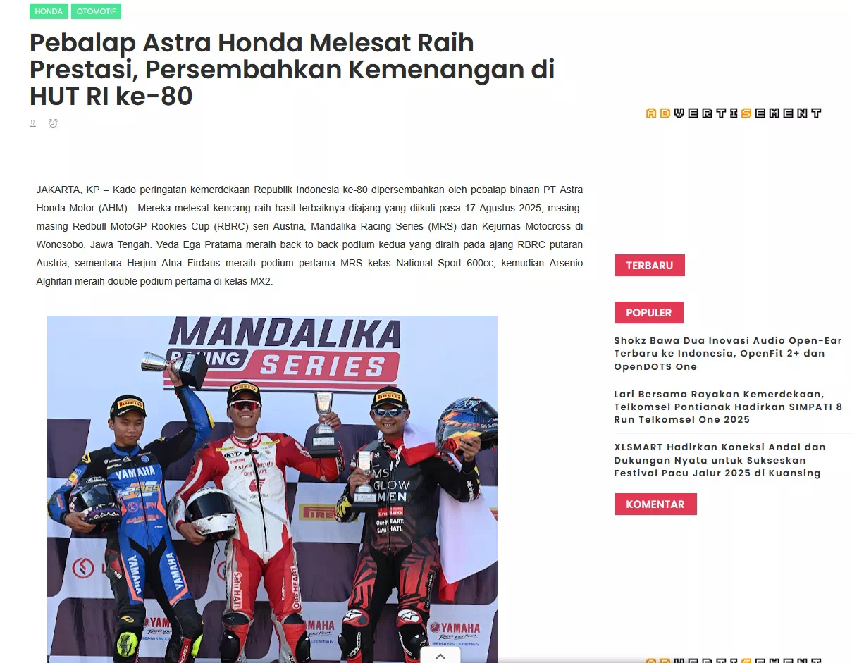 Pebalap Astra Honda Melesat Raih Prestasi, Persembahkan Kemenangan di HUT RI ke-80