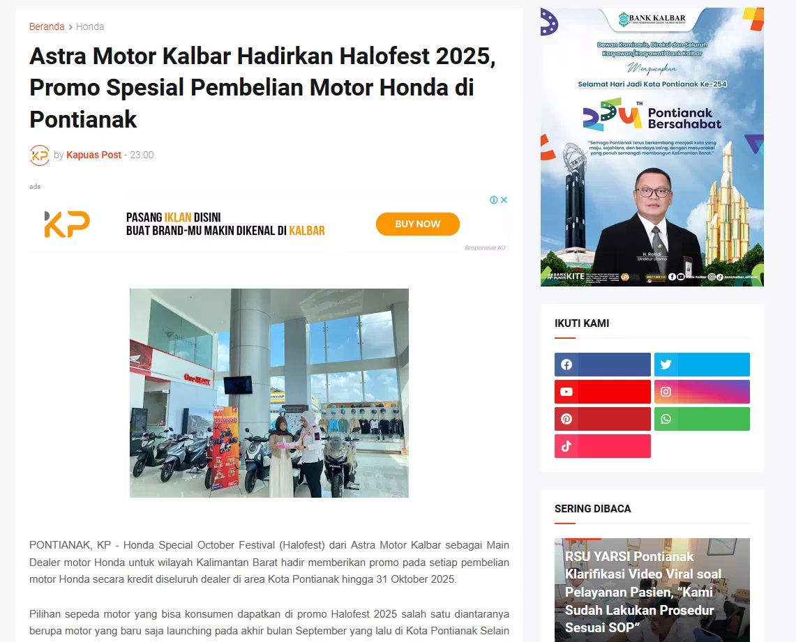 Astra Motor Kalbar Hadirkan Halofest 2025, Promo Spesial Pembelian Motor Honda di Pontianak