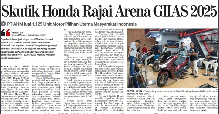 Skutik Honda Rajai Arena GIIAS 2025, PT AHM Jual 1.125 Unit Motor Pilihan Utama Masyarakat Indonesia