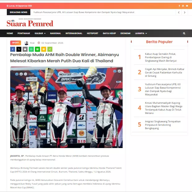 Pembalap Muda AHM Raih Double Winner, Abimanyu Melesat Kibarkan Merah Putih Dua Kali di Thailand