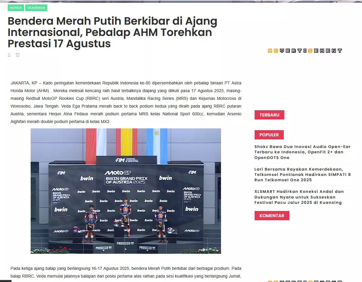 Bendera Merah Putih Berkibar di Ajang Internasional, Pebalap AHM Torehkan Prestasi 17 Agustus