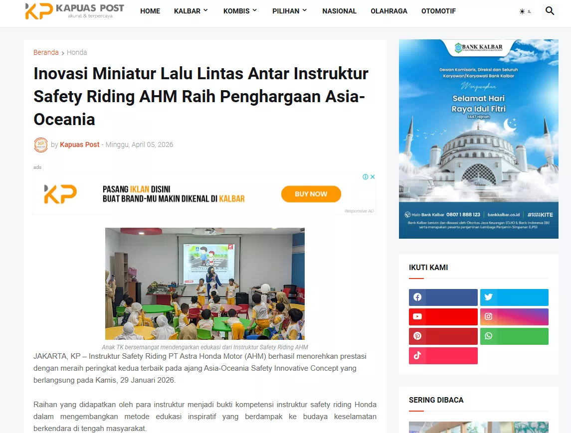Inovasi Miniatur Lalu Lintas Antar Instruktur Safety Riding AHM Raih Penghargaan Asia-Oceania