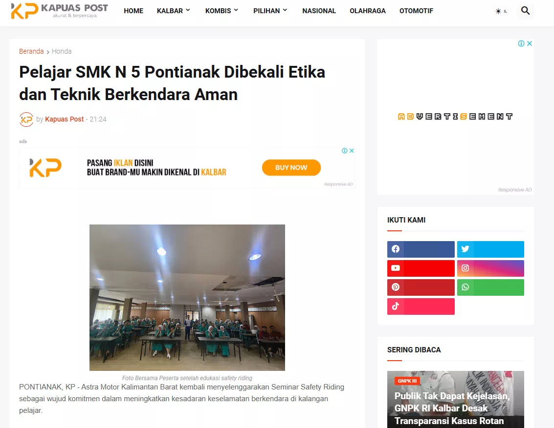 Pelajar SMK N 5 Pontianak Dibekali Etika dan Teknik Berkendara Aman