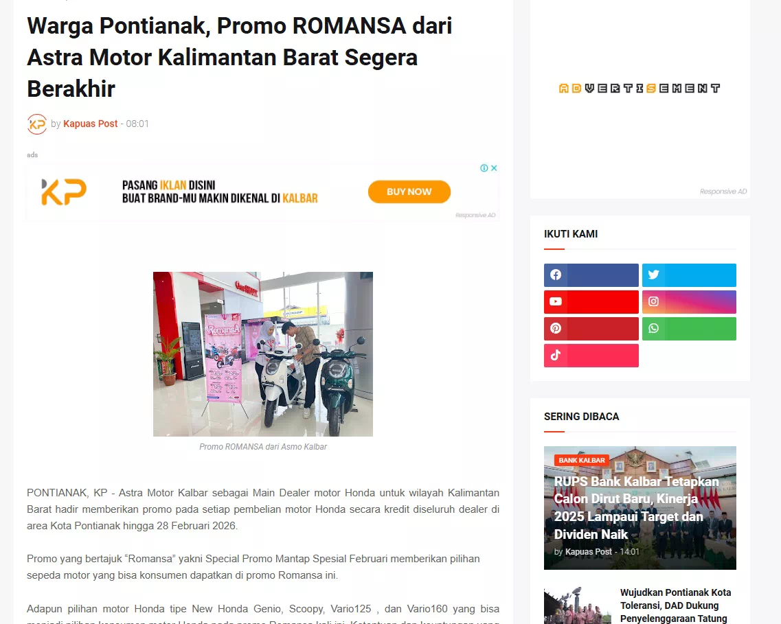 Warga Pontianak, Promo ROMANSA dari Astra Motor Kalimantan Barat Segera Berakhir