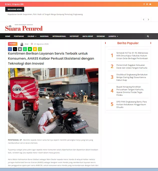 Komitmen Berikan Layanan Servis Terbaik untuk Konsumen, AHASS Kalbar Perkuat Eksistensi dengan Teknologi dan Inovasi
