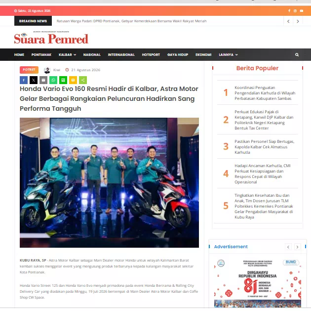 Honda Vario Evo 160 Resmi Hadir di Kalbar, Astra Motor Gelar Berbagai Rangkaian Peluncuran Hadirkan Sang Performa Tangguh