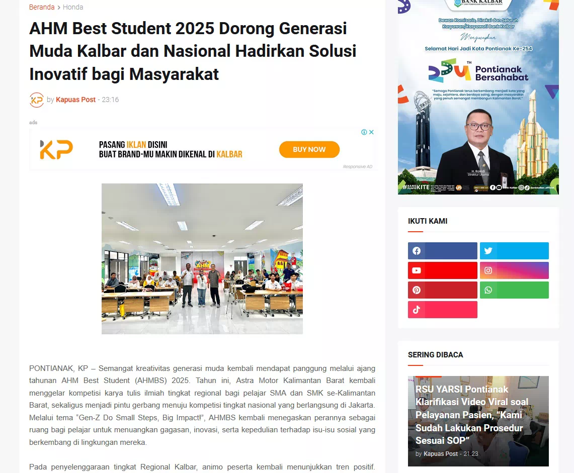AHM Best Student 2025 Dorong Generasi Muda Kalbar dan Nasional Hadirkan Solusi Inovatif bagi Masyarakat