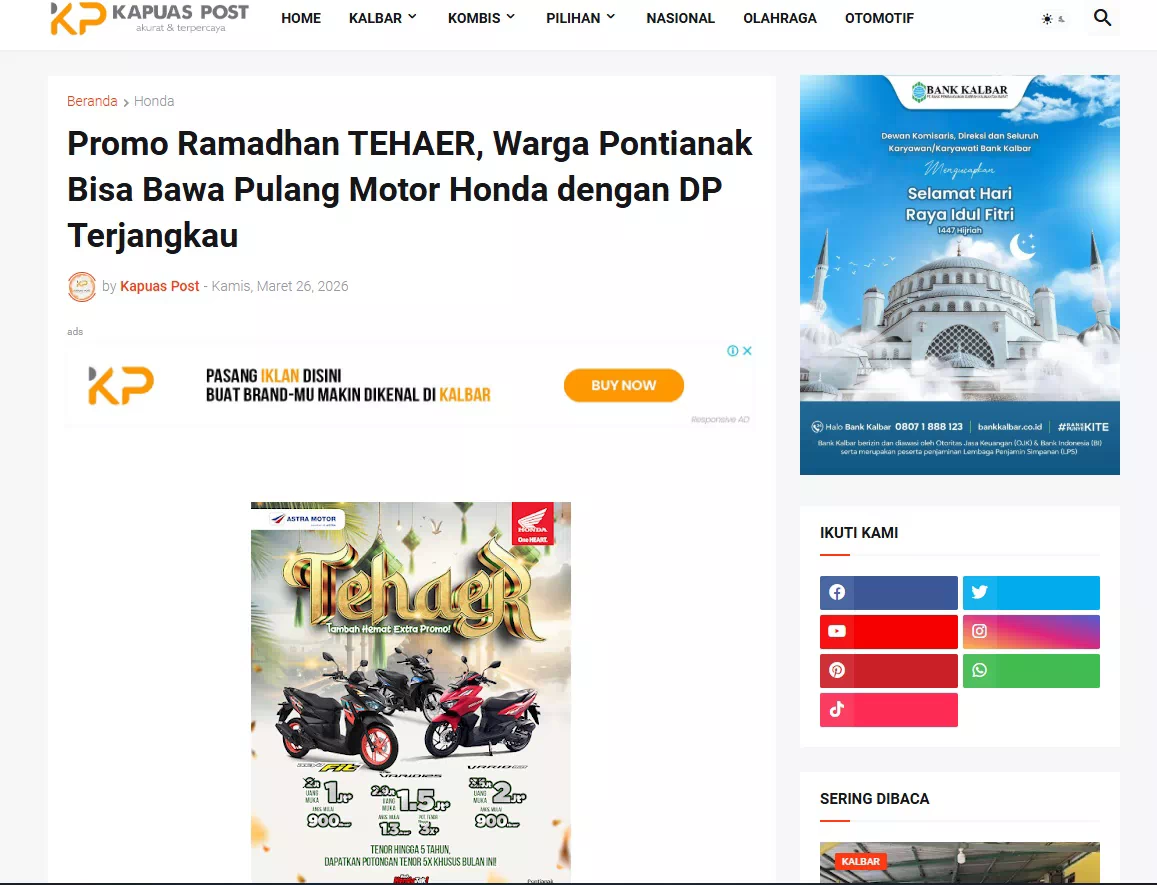 Promo Ramadhan TEHAER, Warga Pontianak Bisa Bawa Pulang Motor Honda dengan DP Terjangkau
