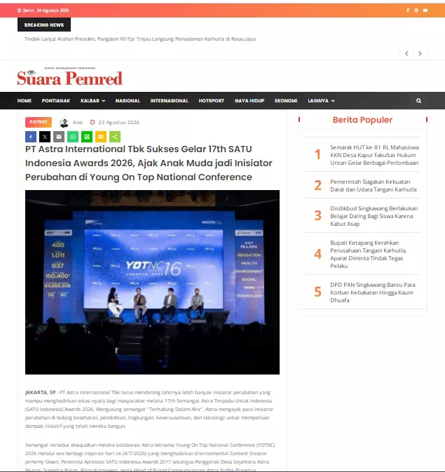 PT Astra International Tbk Sukses Gelar 17th SATU Indonesia Awards 2026, Ajak Anak Muda jadi Inisiator Perubahan di Young On Top National Conference