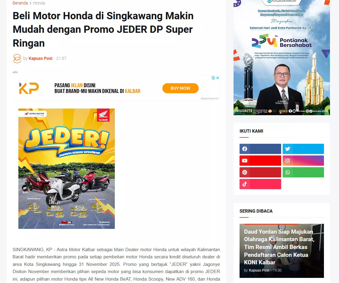 Beli Motor Honda di Singkawang Makin Mudah dengan Promo JEDER DP Super Ringan