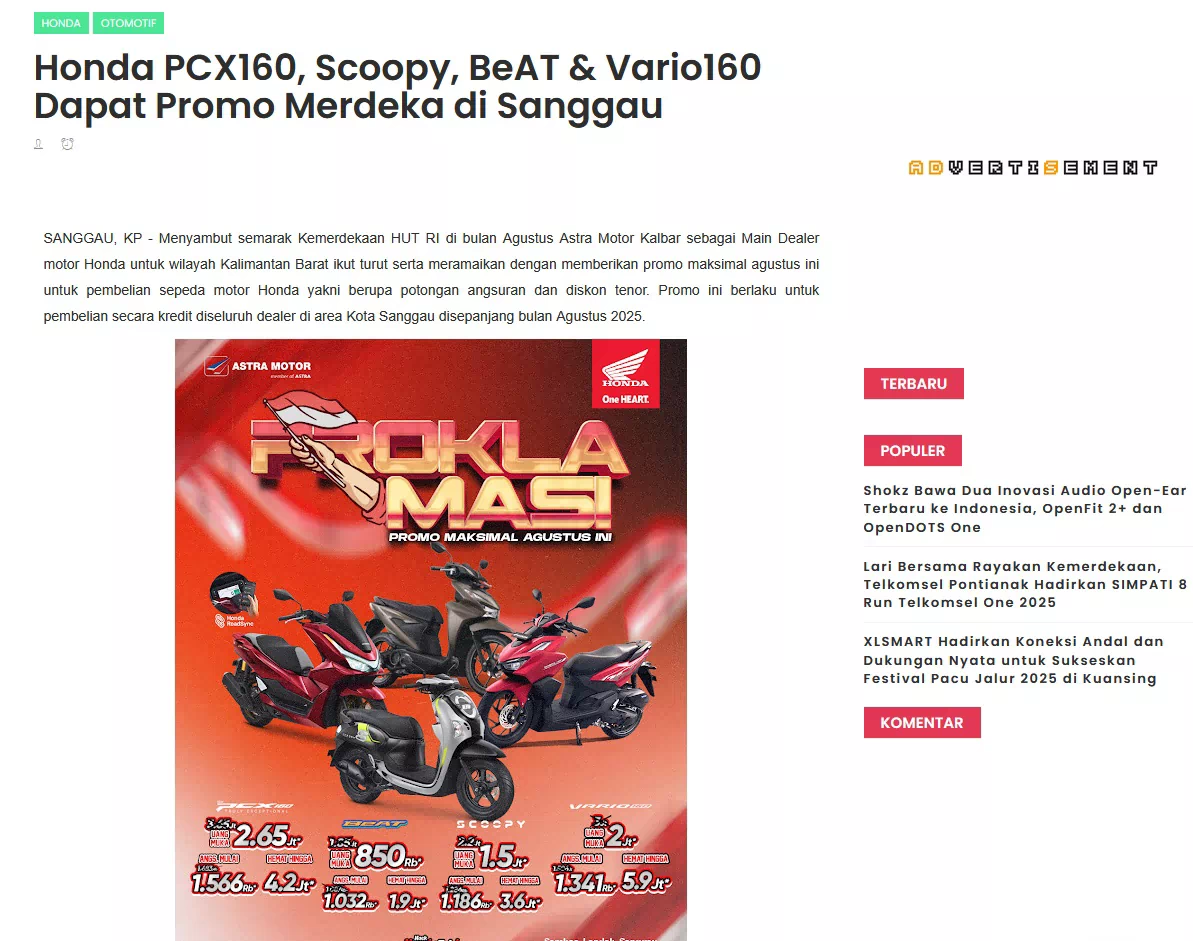 Honda PCX160, Scoopy, BeAT &amp; Vario160 Dapat Promo Merdeka di Sanggau