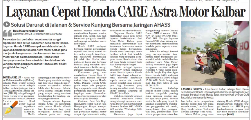 Layanan Cepat Honda CARE Astra Motor Kalbar, Solusi Darurat di Jalanan &amp; Service Kunjung Bersama Jaringan AHASS