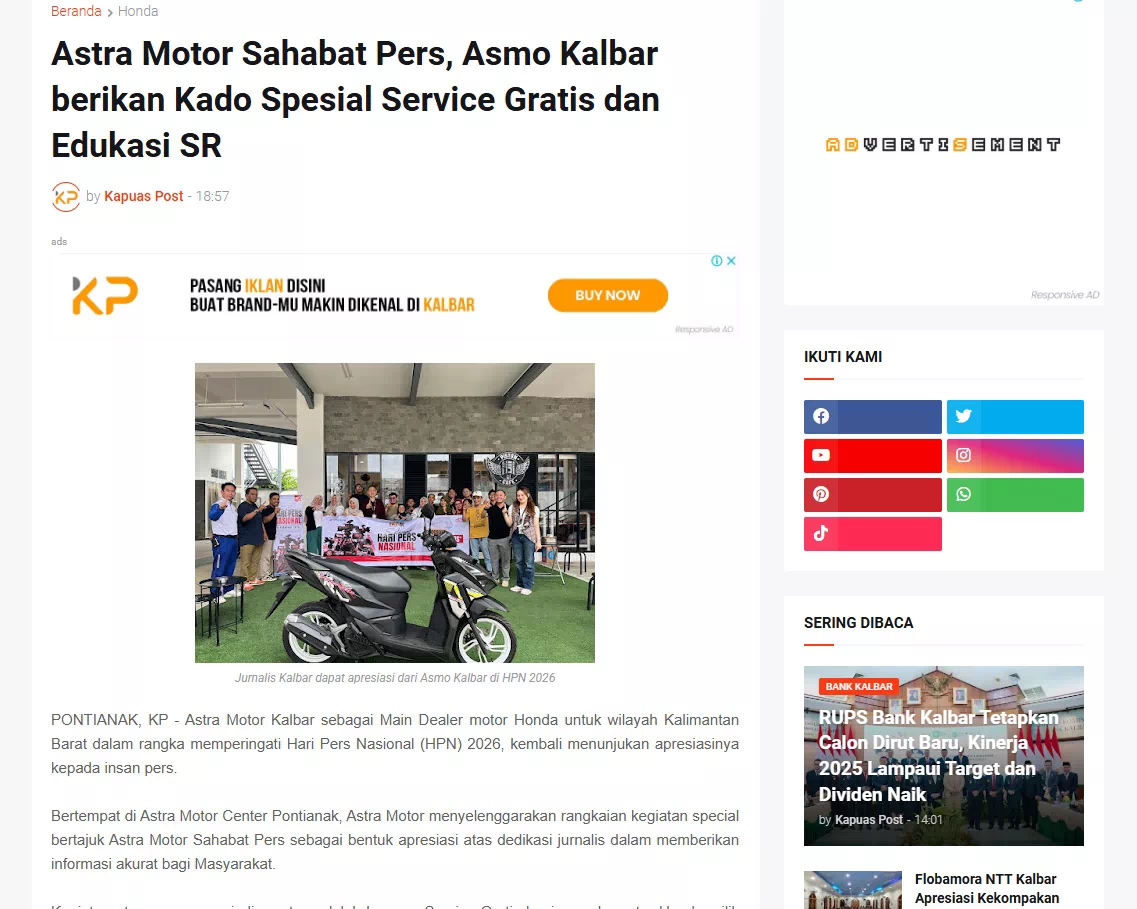 Astra Motor Sahabat Pers, Asmo Kalbar berikan Kado Spesial Service Gratis dan Edukasi SR