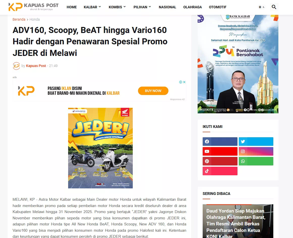 ADV160, Scoopy, BeAT hingga Vario160 Hadir dengan Penawaran Spesial Promo JEDER di Melawi