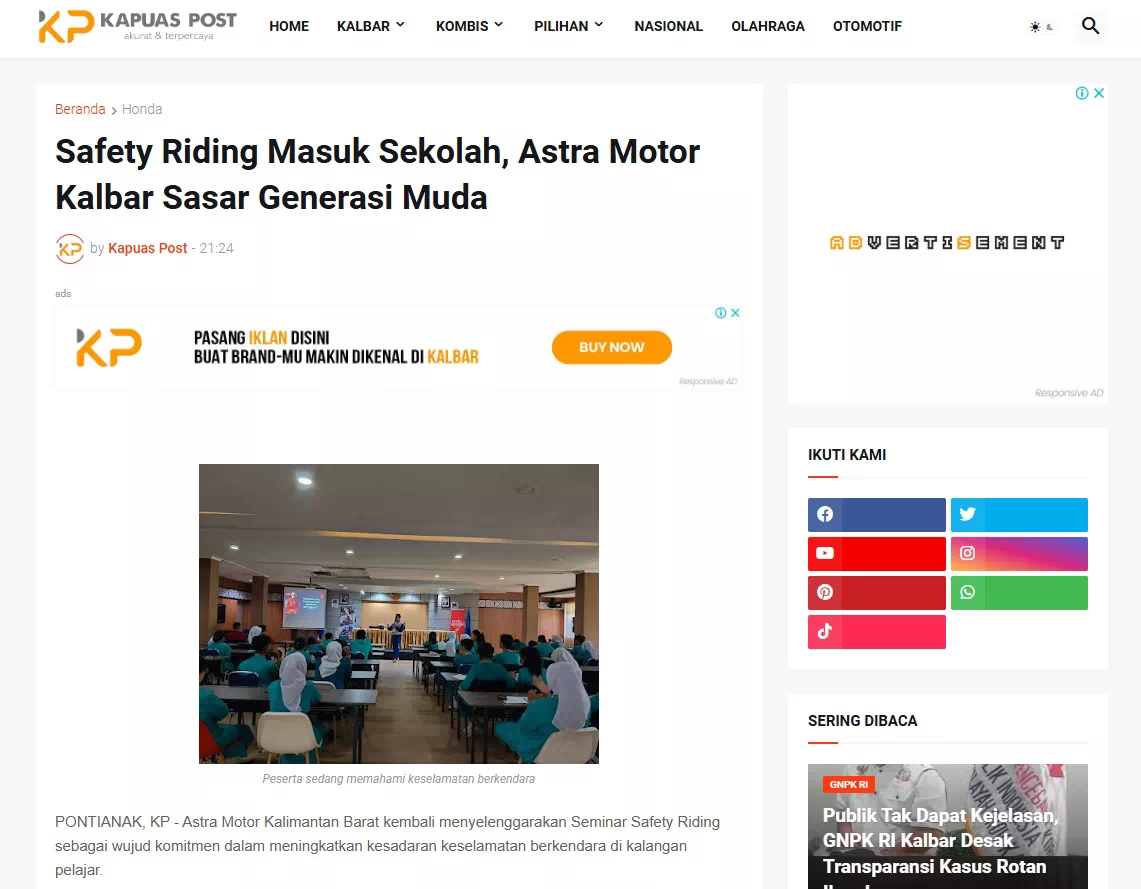 Safety Riding Masuk Sekolah, Astra Motor Kalbar Sasar Generasi Muda