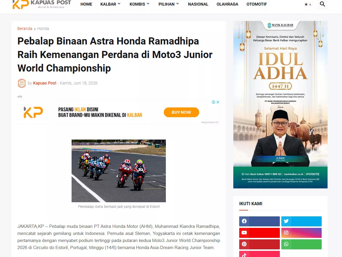 Pebalap Binaan Astra Honda Ramadhipa Raih Kemenangan Perdana di Moto3 Junior World Championship