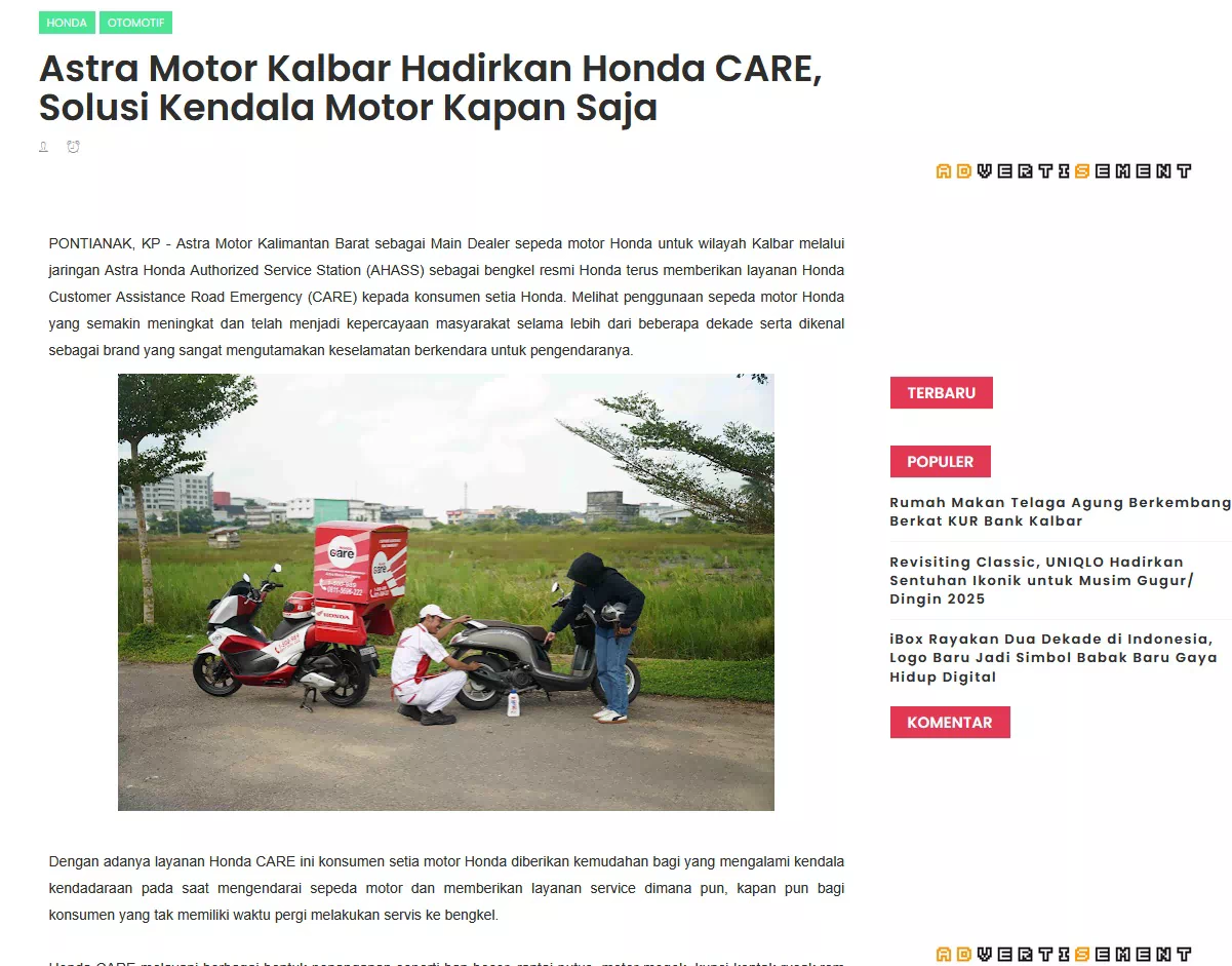 Astra Motor Kalbar Hadirkan Honda CARE, Solusi Kendala Motor Kapan Saja