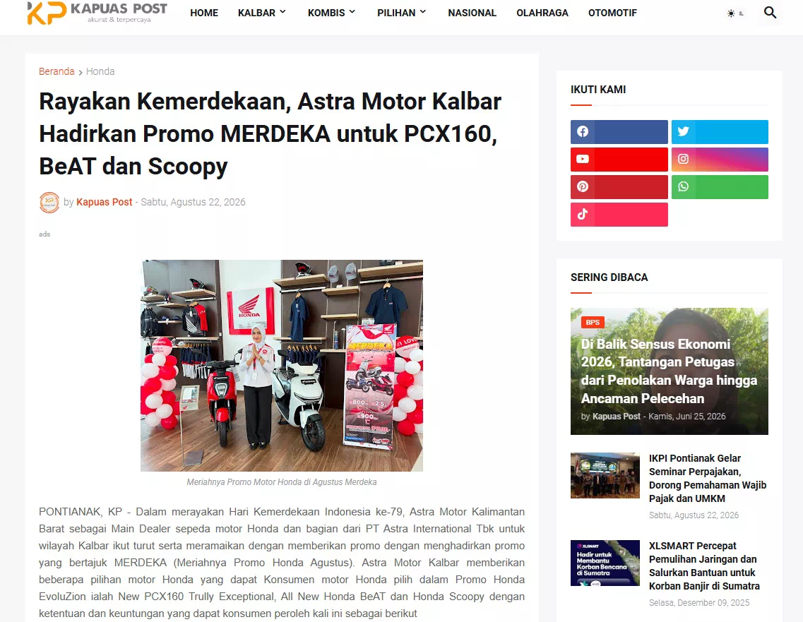 Rayakan Kemerdekaan, Astra Motor Kalbar Hadirkan Promo MERDEKA untuk PCX160, BeAT dan Scoopy
