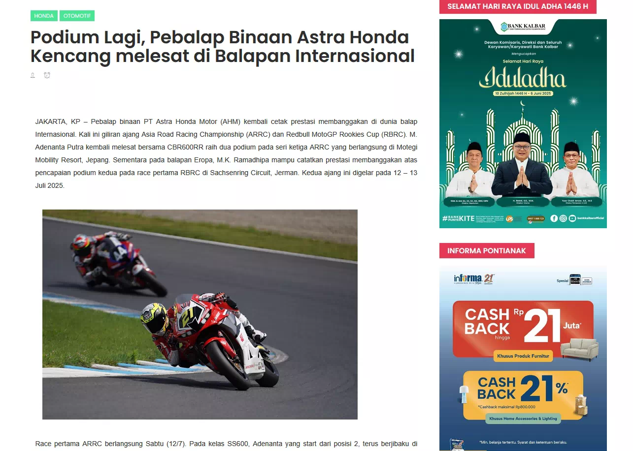 Podium Lagi, Pebalap Binaan Astra Honda Kencang melesat di Balapan Internasional