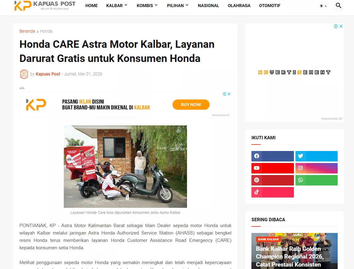 Honda CARE Astra Motor Kalbar, Layanan Darurat Gratis untuk Konsumen Honda