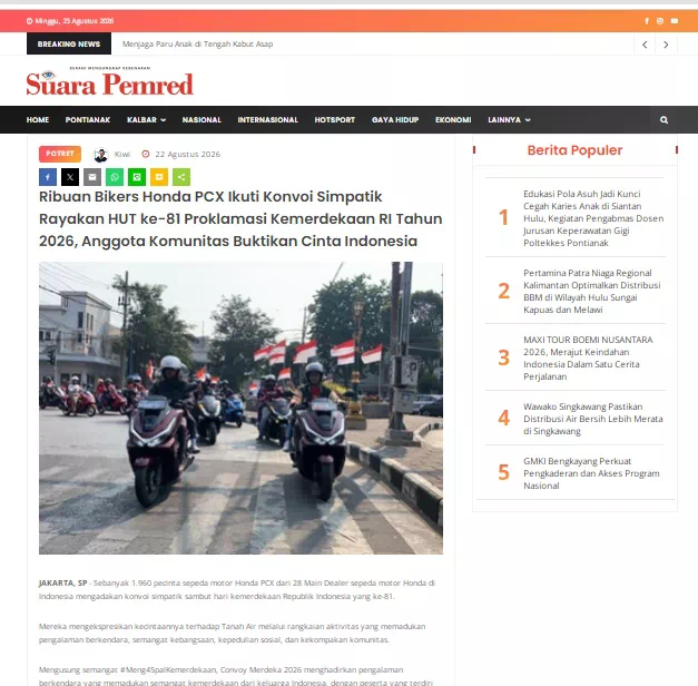 Ribuan Bikers Honda PCX Ikuti Konvoi Simpatik Rayakan HUT ke-81 Proklamasi Kemerdekaan RI Tahun 2026, Anggota Komunitas Buktikan Cinta Indonesia